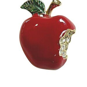 Apple Shaped Red Enamel Brooch With Rhinestone Bite
